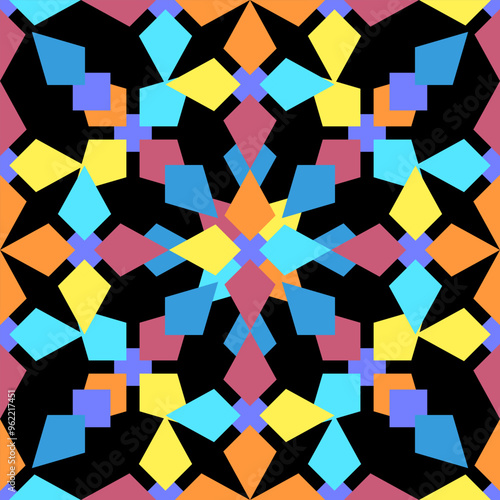 Vibrant geometric pattern, colorful diamond shapes in blue, yellow, orange, and red, arranged in a symmetrical design isolated on a black background. Ideal for textiles, wallpapers, and modern decor