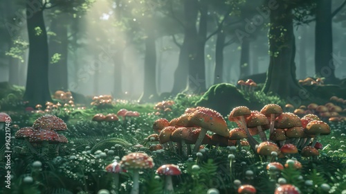 A cluster of mushrooms grow in the dappled light of a sun-drenched forest. photo