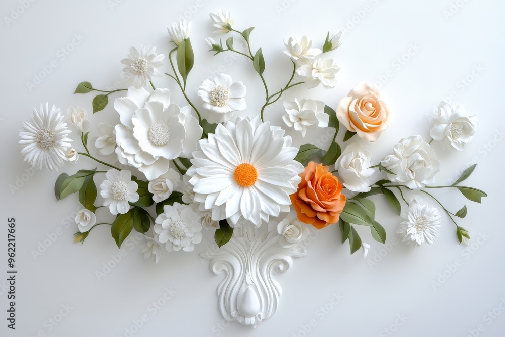 A delicate arrangement of white paper flowers, including daisies and roses, with two orange blossoms for a pop of color. The flowers are arranged on a white background, creating a classic and elegant A delicate arrangement of white paper flowers, including daisies and roses, with two orange blossoms for a pop of color. The flowers are arranged on a white background, creating a classic and elegant