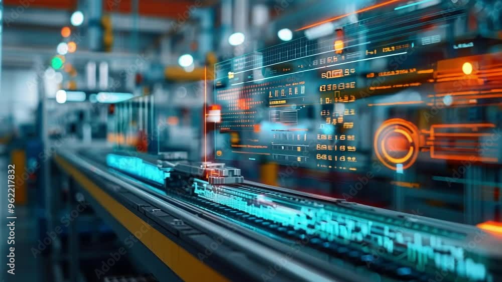 State of the art conveyor belt system is moving through a factory setting, showcasing its advanced automation capabilities through a futuristic digital interface State of the art conveyor belt system is moving through a factory setting, showcasing its advanced automation capabilities through a futuristic digital interface