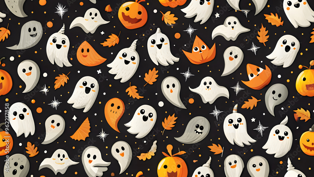 Halloween ghost cartoon seamless pattern. Colorful cartoon ghosts in a seamless repeat pattern wallpaper. Black and white October holiday spirit ghosts doodle character background. Halloween ghost cartoon seamless pattern. Colorful cartoon ghosts in a seamless repeat pattern wallpaper. Black and white October holiday spirit ghosts doodle character background.