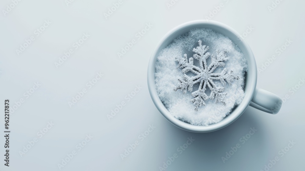 A white coffee cup placed on a snowy surface, topped with a snowflake-shaped marshmallow. The serene scene emphasizes the wintery theme, with the snowflake perfectly matching the snow around it.