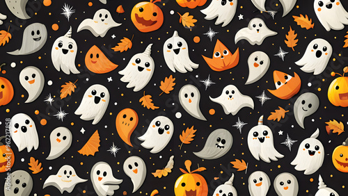 Halloween ghost cartoon seamless pattern. Colorful cartoon ghosts in a seamless repeat pattern wallpaper. Black and white October holiday spirit ghosts doodle character background.