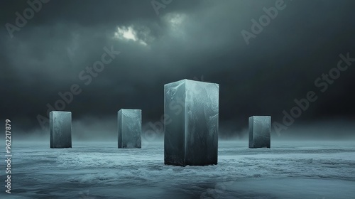 A desolate, icy landscape with four towering frozen pillars, a symbol of strength and resilience amidst a bleak and somber atmosphere. The cloudy sky adds to the sense of isolation and despair, highli photo