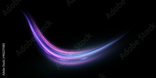 Light effect of high speed movement of light speed along a curved trajectory of bright blue-violet flickers. Dynamic movement of high speed light energy. Vector