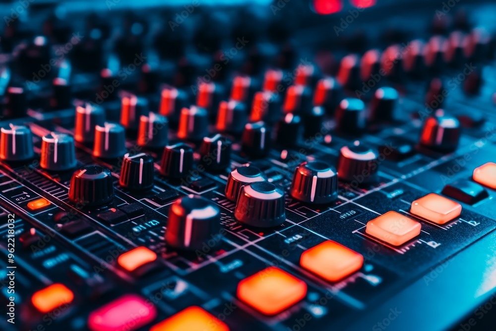 A detailed close-up of a sound mixer, showcasing the intricate array of knobs and buttons used to control audio levels, effects, and routing. The image represents the technical artistry and precision A detailed close-up of a sound mixer, showcasing the intricate array of knobs and buttons used to control audio levels, effects, and routing. The image represents the technical artistry and precision