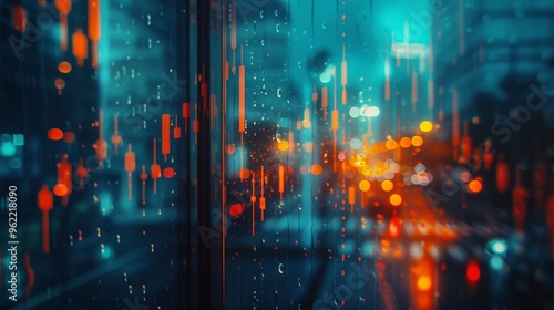 Blurred cityscape with a vibrant overlay of financial data and graphs reflecting on a rain-soaked glass window. The image conveys a sense of modern finance and technology intertwined with urban life.