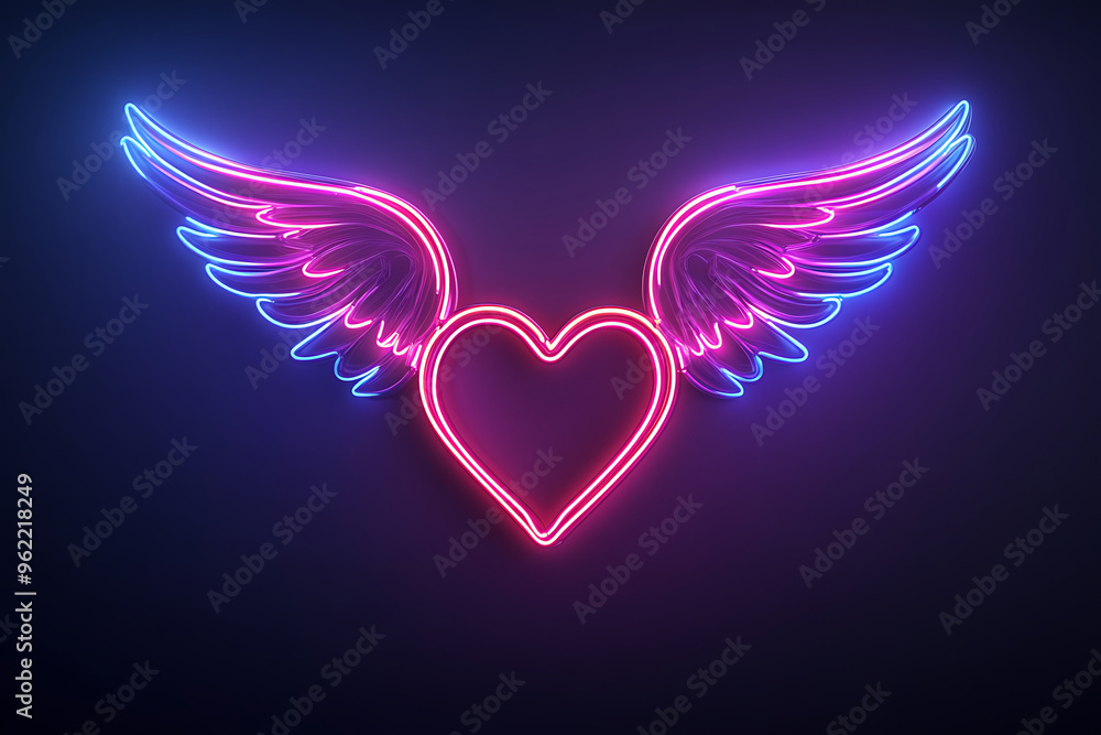 Neon heart with wings on brick wall. Love symbol. Valentine's day design. Neon heart with wings on brick wall. Love symbol. Valentine's day design.