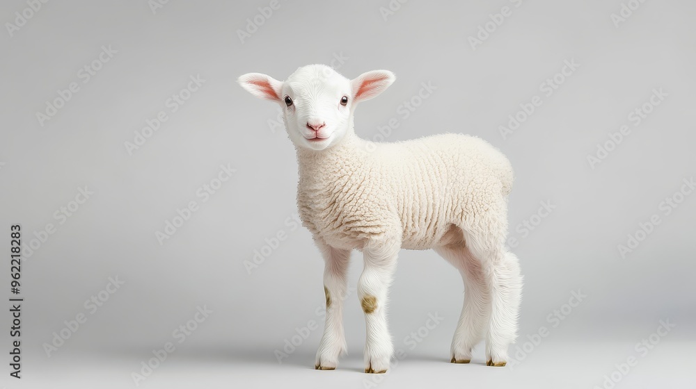 Obraz premium A fluffy white baby lamb stands on all fours, looking directly at the camera with innocence and curiosity. Its soft fur, delicate features, and gentle gaze evoke a sense of purity and peacefulness, ma