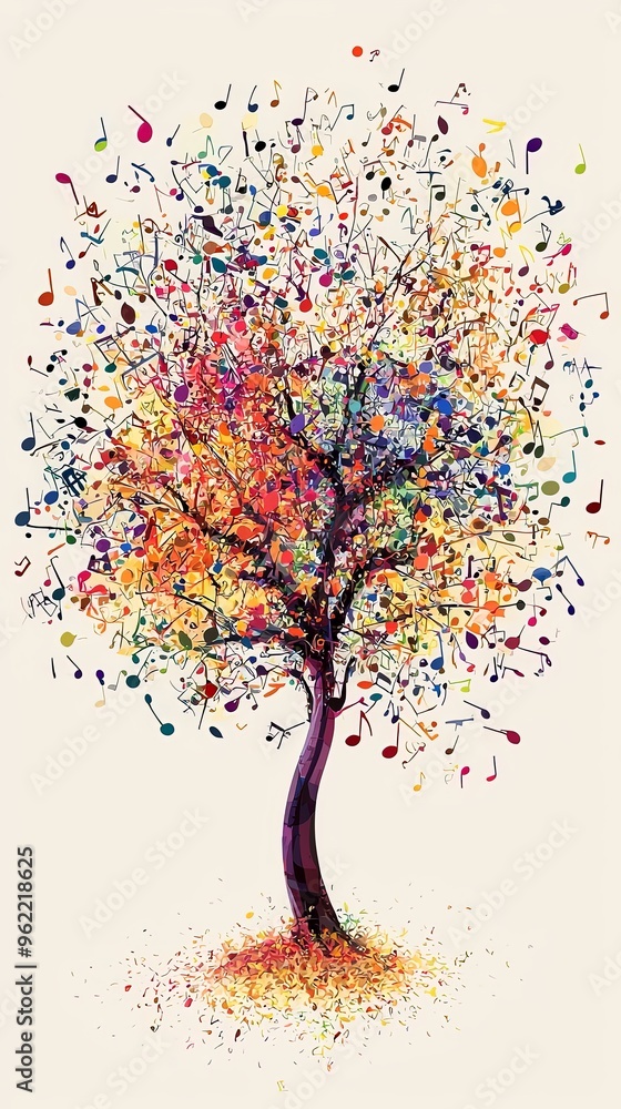 A tree depicted with a spectrum of colors and intertwined with musical notes, representing the interconnectedness of art, music, and nature in an abstract artistic style. A tree depicted with a spectrum of colors and intertwined with musical notes, representing the interconnectedness of art, music, and nature in an abstract artistic style.