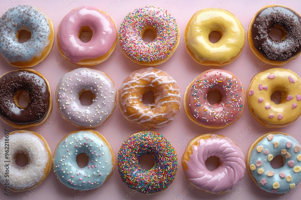A selection of donuts in various flavors, topped with colorful glazes and sprinkles, arranged on a pastel background A selection of donuts in various flavors, topped with colorful glazes and sprinkles, arranged on a pastel background