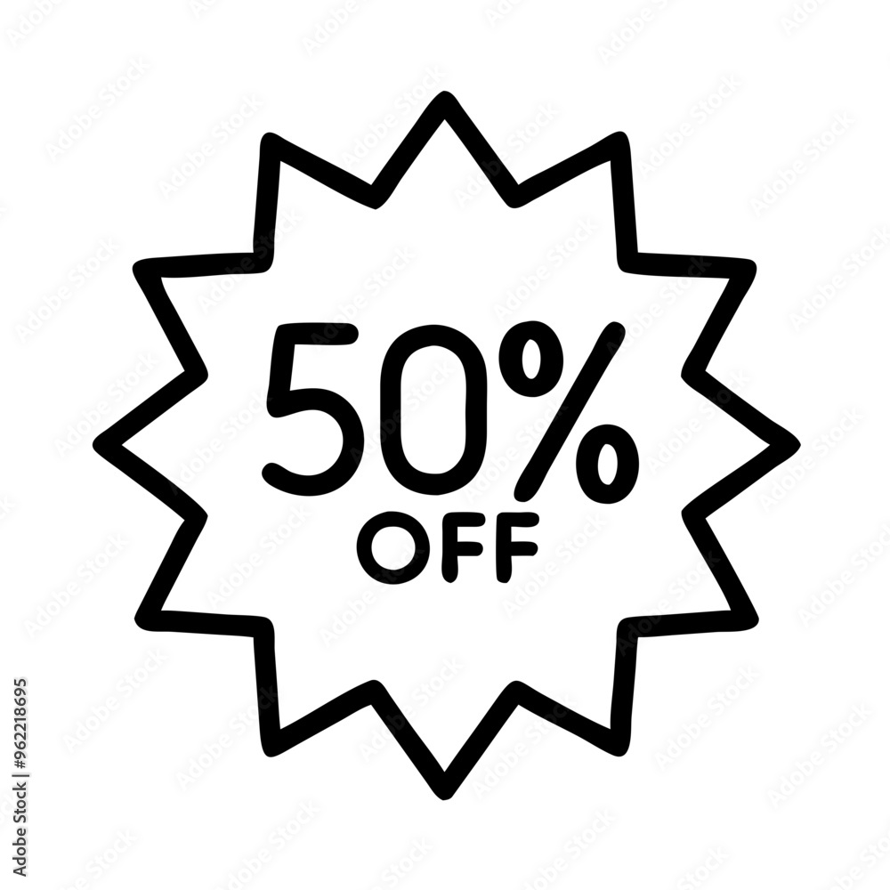 50% off starburst badge icon, simple black line art design 50% off starburst badge icon, simple black line art design
