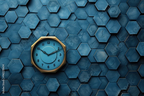 A clock is set to the time of 10:30 in a pattern of blue hexagons photo