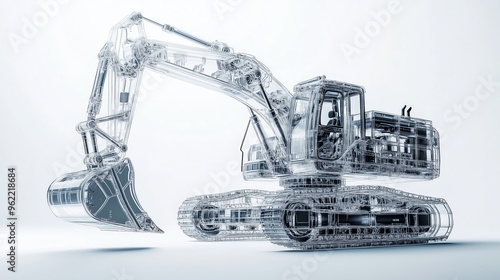 A detailed and realistic of a semi transparent modern excavator, showcasing its exterior and visible photo