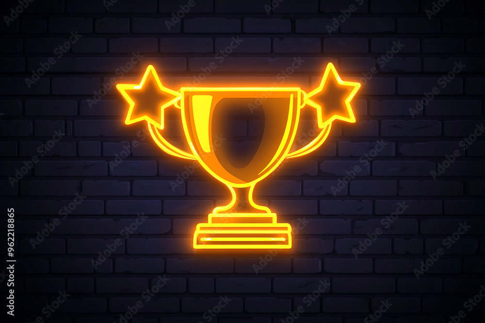 Golden cup neon sign. Winner award. Sport competition. University emblem. Back to school design. Knowledge label.
