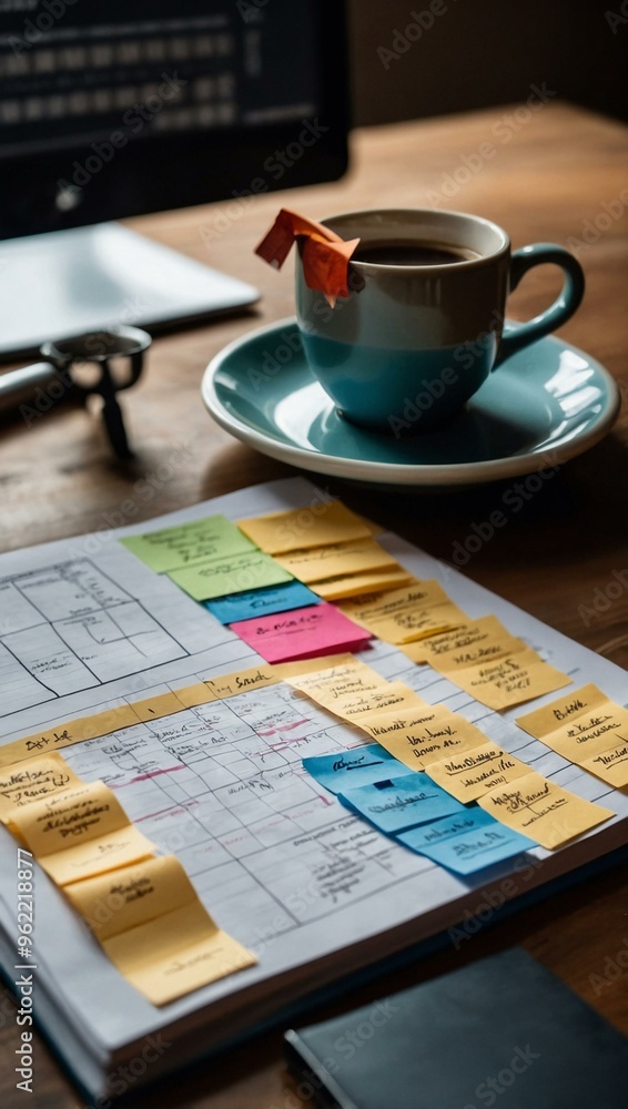 Planning session with a business plan template on a desk, featuring sticky notes and coffee. Planning session with a business plan template on a desk, featuring sticky notes and coffee.