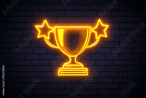 Obraz na płótnie Golden cup neon sign. Winner award. Sport competition. University emblem. Back to school design. Knowledge label. w salonie