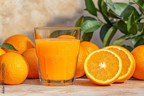 A glass of freshly squeezed orange juice sits on a table surrounded by whole and sliced oranges, capturing the essence of a healthy and refreshing beverage. The vibrant color of the juice and the citr photo