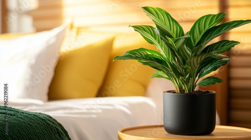 A green plant in a black pot sits on a wooden side table in a modern bedroom with a white bed, yellow pillows, and green throw blanket. The plant brings a touch of nature and life to the space, creati photo