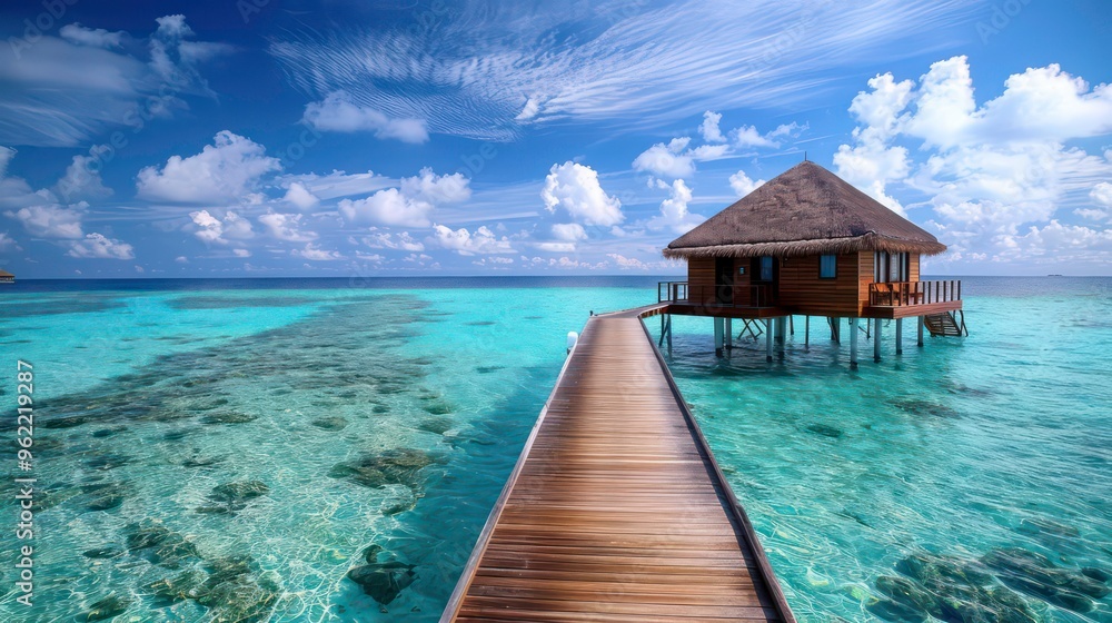 A wooden bungalow sits on stilts over crystal clear water, connected to the shore by a wooden walkway. The turquoise water is shallow and clear, revealing the sandy bottom. A wooden bungalow sits on stilts over crystal clear water, connected to the shore by a wooden walkway. The turquoise water is shallow and clear, revealing the sandy bottom.