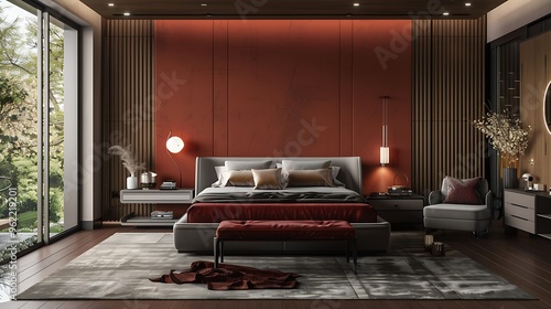 Fototapeta Naklejka Na Ścianę i Meble -  A luxurious red and gray master bedroom design, featuring minimalist furniture and warm tones, highlighted by a modern 3D rendering