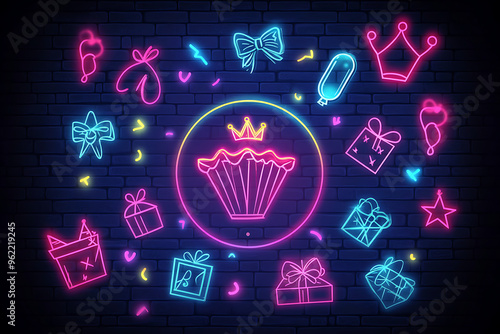  Celebration concept. Confetti and cupcake. Outer glowing effect banner. Holiday design on brick wall. Shiny signs
