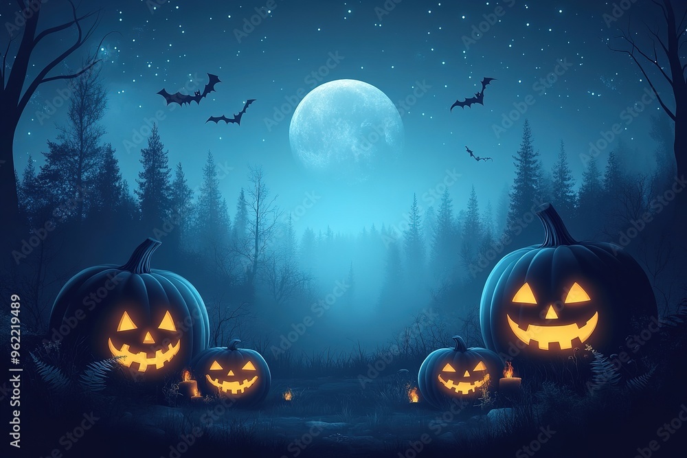 Halloween theme with pumpkins and dark forest. Scary Halloween design on table. Jack-o-lantern on the dark forest Halloween theme with pumpkins and dark forest. Scary Halloween design on table. Jack-o-lantern on the dark forest