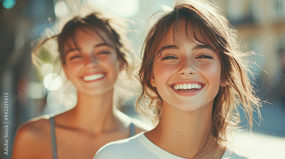 Two women smiling and laughing together on a sunny day Two women smiling and laughing together on a sunny day