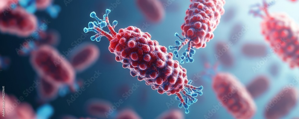 3D representation of gene therapy vectors interacting with cells, genomics in medicine, biotechnology breakthrough 3D representation of gene therapy vectors interacting with cells, genomics in medicine, biotechnology breakthrough