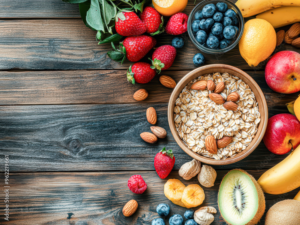 A bowl of oatmeal is surrounded by a variety of fruits and nuts A bowl of oatmeal is surrounded by a variety of fruits and nuts