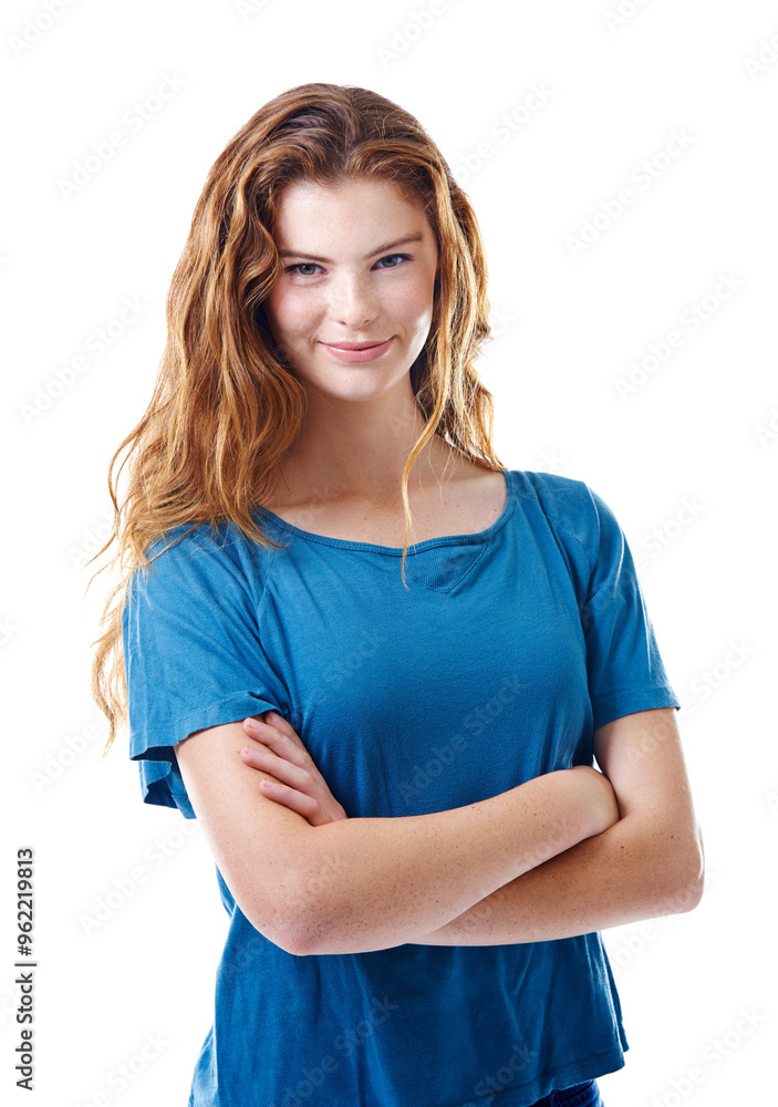 Portrait, fashion and woman with arms crossed, pride and model isolated on white studio background. Face, person and girl with confidence, smile or gen z with stylish clothes, casual outfit or trendy Portrait, fashion and woman with arms crossed, pride and model isolated on white studio background. Face, person and girl with confidence, smile or gen z with stylish clothes, casual outfit or trendy