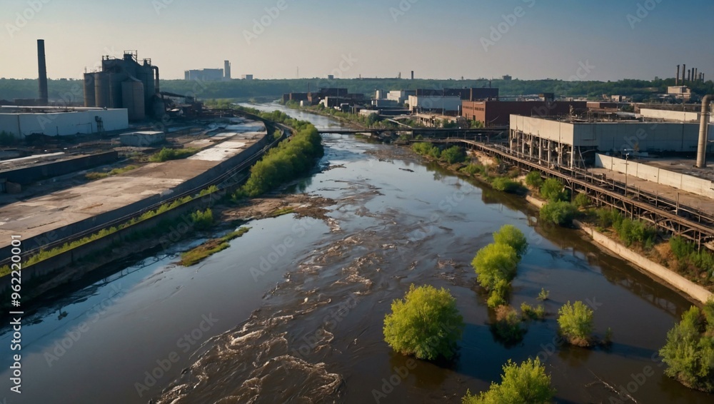 Polluted river flowing through an industrial area, raising environmental awareness. Polluted river flowing through an industrial area, raising environmental awareness.
