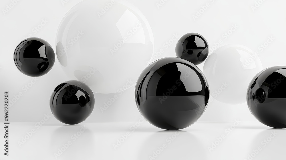A minimalist abstract background featuring a cluster of black and white spheres on a white surface. The spheres symbolize balance, unity, and the interplay of opposites. The clean lines and simple com A minimalist abstract background featuring a cluster of black and white spheres on a white surface. The spheres symbolize balance, unity, and the interplay of opposites. The clean lines and simple com