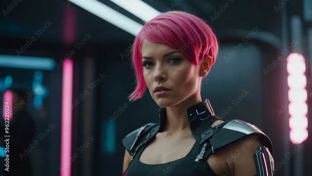 Portrait of a futuristic woman with vibrant pink hair. Portrait of a futuristic woman with vibrant pink hair.