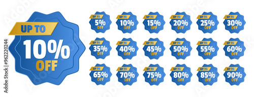 Set of stickers with different discount percentages. Circular shape with points, flower style, in blue, yellow and white with a slight metallic effect and edges.