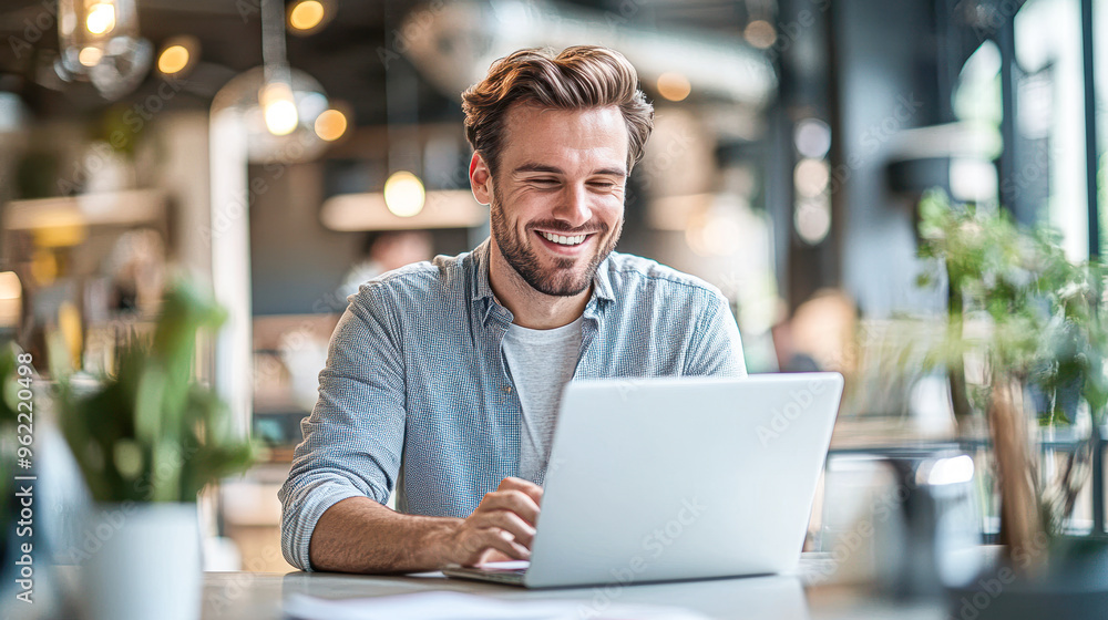 A man is sitting at a table with a laptop in front of him, smiling and typing A man is sitting at a table with a laptop in front of him, smiling and typing
