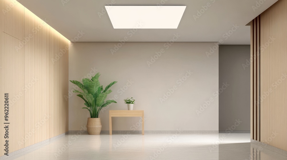 A minimalist interior design featuring a modern square LED ceiling light, wooden wall panels, a potted plant, and a side table, creating a clean and spacious atmosphere. This image represents simplici A minimalist interior design featuring a modern square LED ceiling light, wooden wall panels, a potted plant, and a side table, creating a clean and spacious atmosphere. This image represents simplici