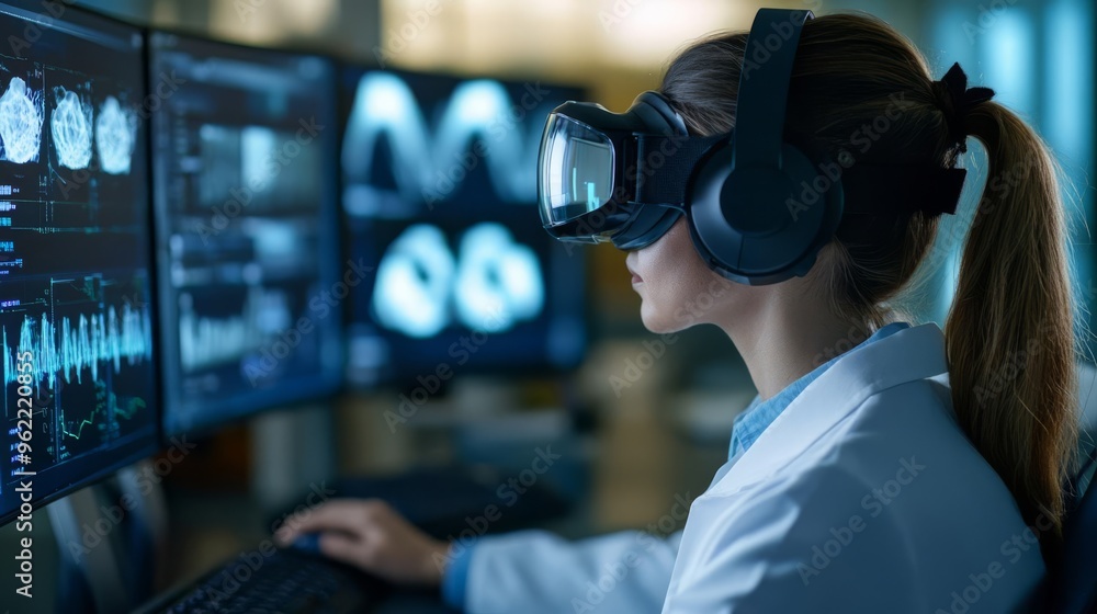 Gene therapy specialist conducting a virtual simulation, biotechnology in healthcare, innovative treatments Gene therapy specialist conducting a virtual simulation, biotechnology in healthcare, innovative treatments