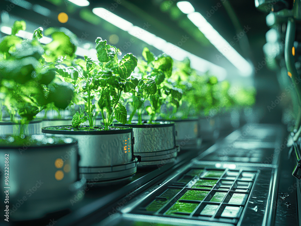 A row of potted plants are lined up in a greenhouse A row of potted plants are lined up in a greenhouse