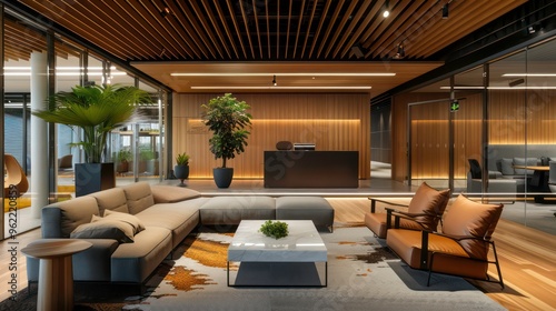 Modern office lobby with a black reception desk, wooden ceiling, and a large sofa.