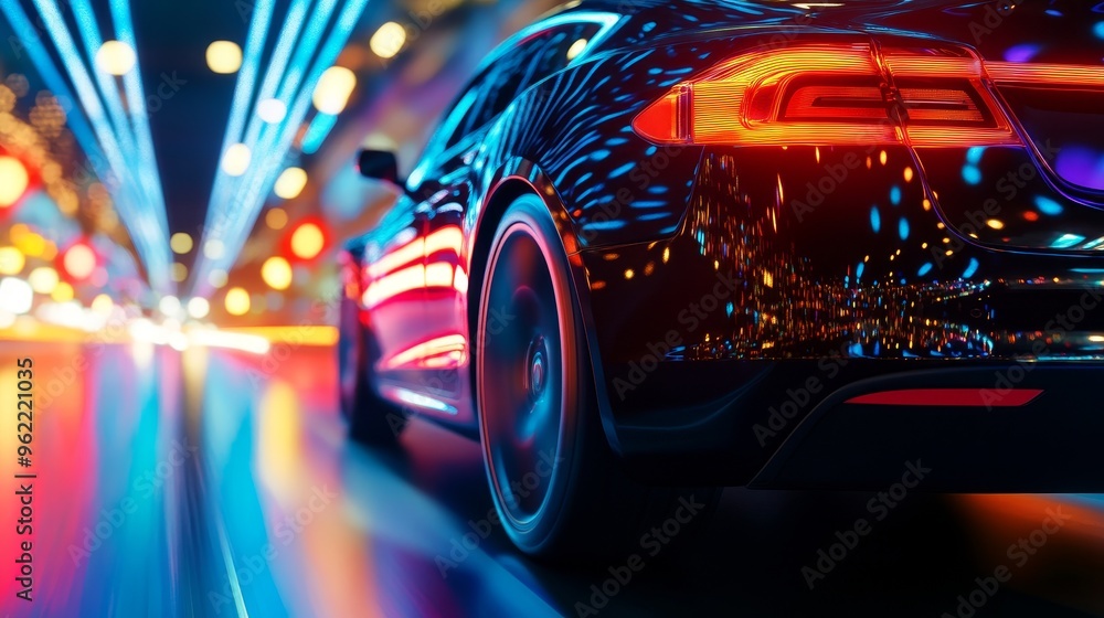 A modern, sleek car drives through a bustling city at night, with vibrant neon lights reflecting off its shiny surface. The scene evokes themes of speed, progress, and urban excitement, symbolizing th A modern, sleek car drives through a bustling city at night, with vibrant neon lights reflecting off its shiny surface. The scene evokes themes of speed, progress, and urban excitement, symbolizing th