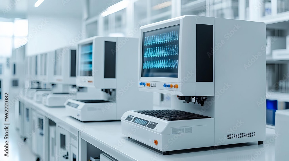 Laboratory scene with advanced genomic sequencing machines, future of biotechnology, gene sequencing tools Laboratory scene with advanced genomic sequencing machines, future of biotechnology, gene sequencing tools