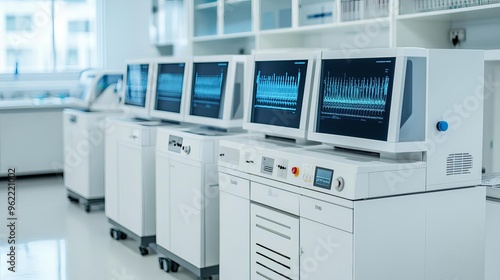 Laboratory scene with advanced genomic sequencing machines, future of biotechnology, gene sequencing tools