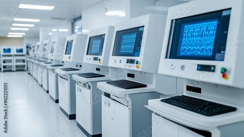 Laboratory scene with advanced genomic sequencing machines, future of biotechnology, gene sequencing tools