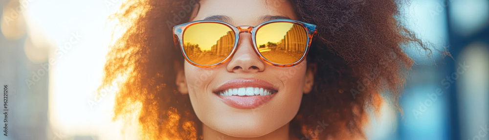 A woman with a big smile on her face is wearing sunglasses A woman with a big smile on her face is wearing sunglasses