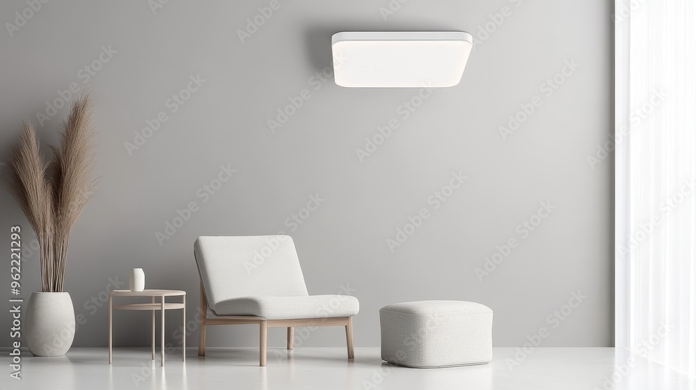 A modern, square LED ceiling light illuminates a minimalist living room, featuring a white armchair, a side table, and a soft ottoman. The design emphasizes clean lines and a sense of spaciousness, pe A modern, square LED ceiling light illuminates a minimalist living room, featuring a white armchair, a side table, and a soft ottoman. The design emphasizes clean lines and a sense of spaciousness, pe