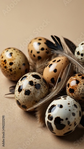 Quail eggs and feathers arranged in a line on a beige background, with space for text or design.