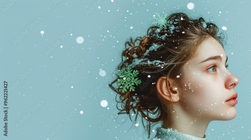 A close-up of a young woman gazing into the distance, her hair adorned with delicate snowflakes, capturing the quiet beauty and stillness of winter. A close-up of a young woman gazing into the distance, her hair adorned with delicate snowflakes, capturing the quiet beauty and stillness of winter.
