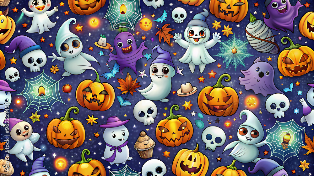 Halloween modern ghost cartoon seamless pattern. Colorful October holiday spirit character background. Scary autumn party wallpaper texture of funny ghost pattern Halloween modern ghost cartoon seamless pattern. Colorful October holiday spirit character background. Scary autumn party wallpaper texture of funny ghost pattern