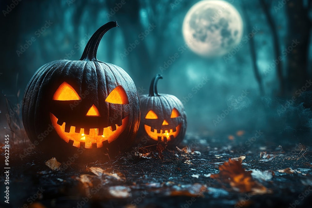 Naklejka premium Halloween theme with pumpkins and dark forest. Scary Halloween design on table. Jack-o-lantern on the dark forest